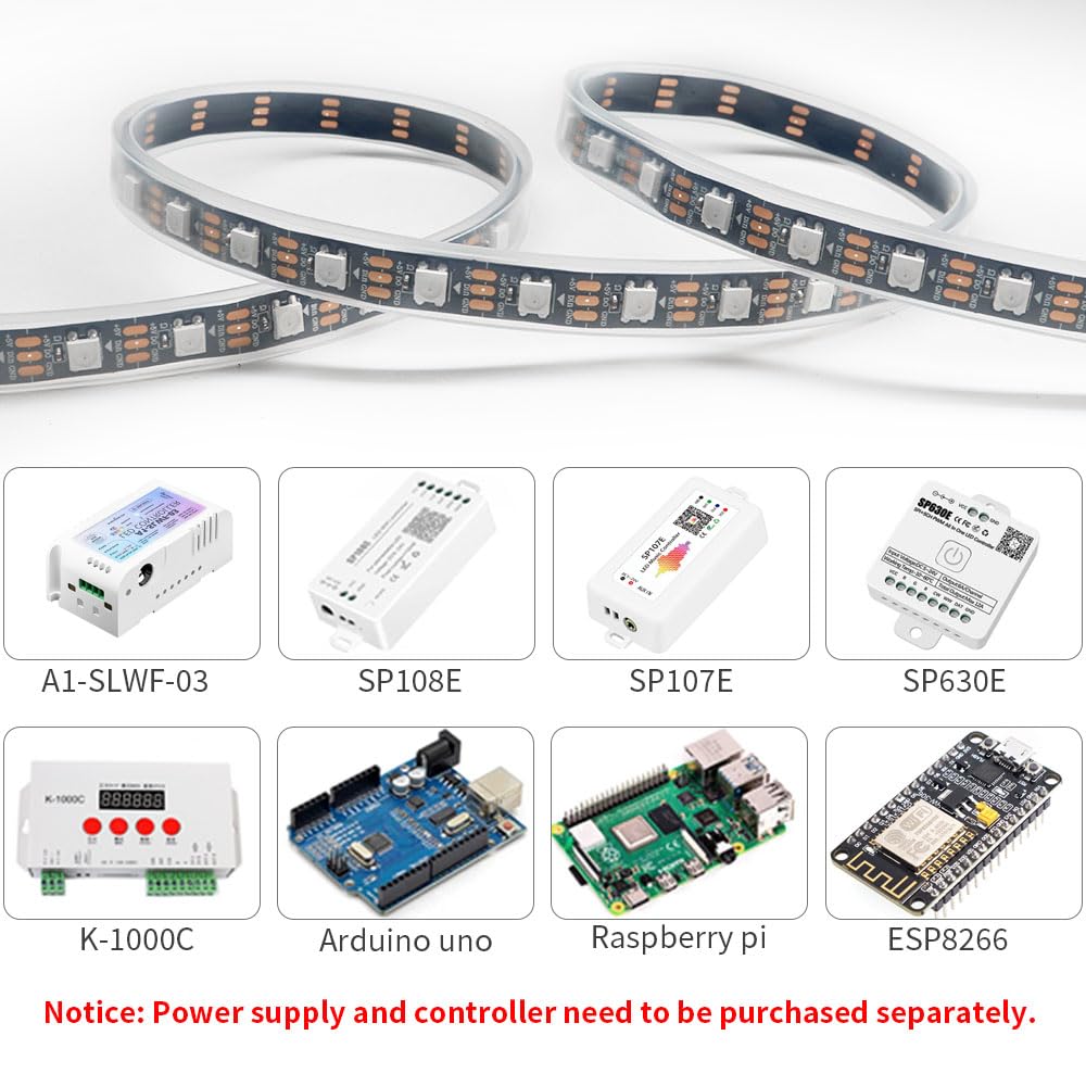 LOAMLIN WS2812B IC RGB 5050SMD ECO Individual Addressable LED Strip Light, 16.4FT 300LED 60LED/m Flexible Full Color IP67 Waterproof DC5V Black PCB for DIY Project (No Power Adapter or Controller)