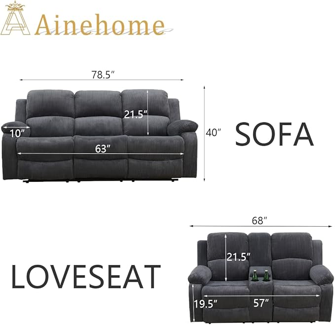 A Ainehome Living Room Furniture Set Grey Corduroy Recliner Sofa Set Loveseat Chair Furniture Sofa Set for Living Room/Rv/House/Office/Theater Seating (A-Dark Grey Corduroy, Sofa+Loveseat)