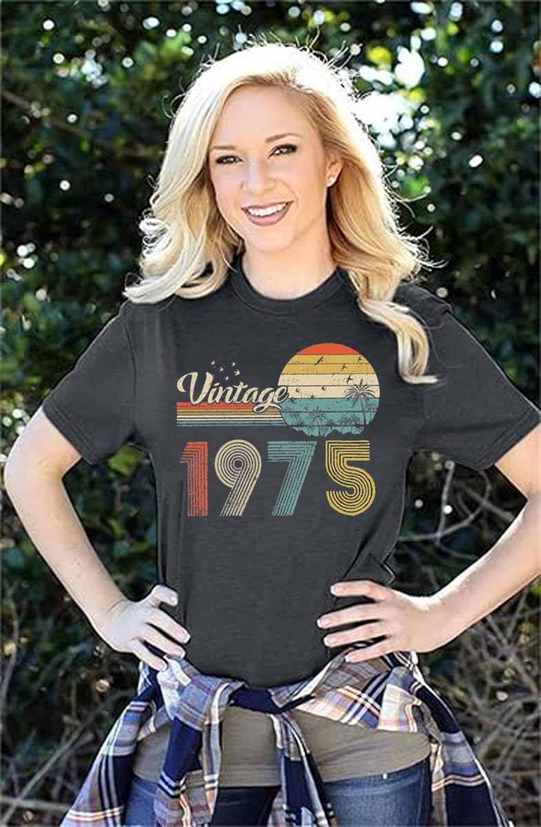50th Birthday Gift for Women Vintage 1975 Shirts Letter Print Retro Birthday Tops Casual Short Sleeve Tee (US, Alpha, Medium, Regular, Regular, 1975 Dark Gray 3)