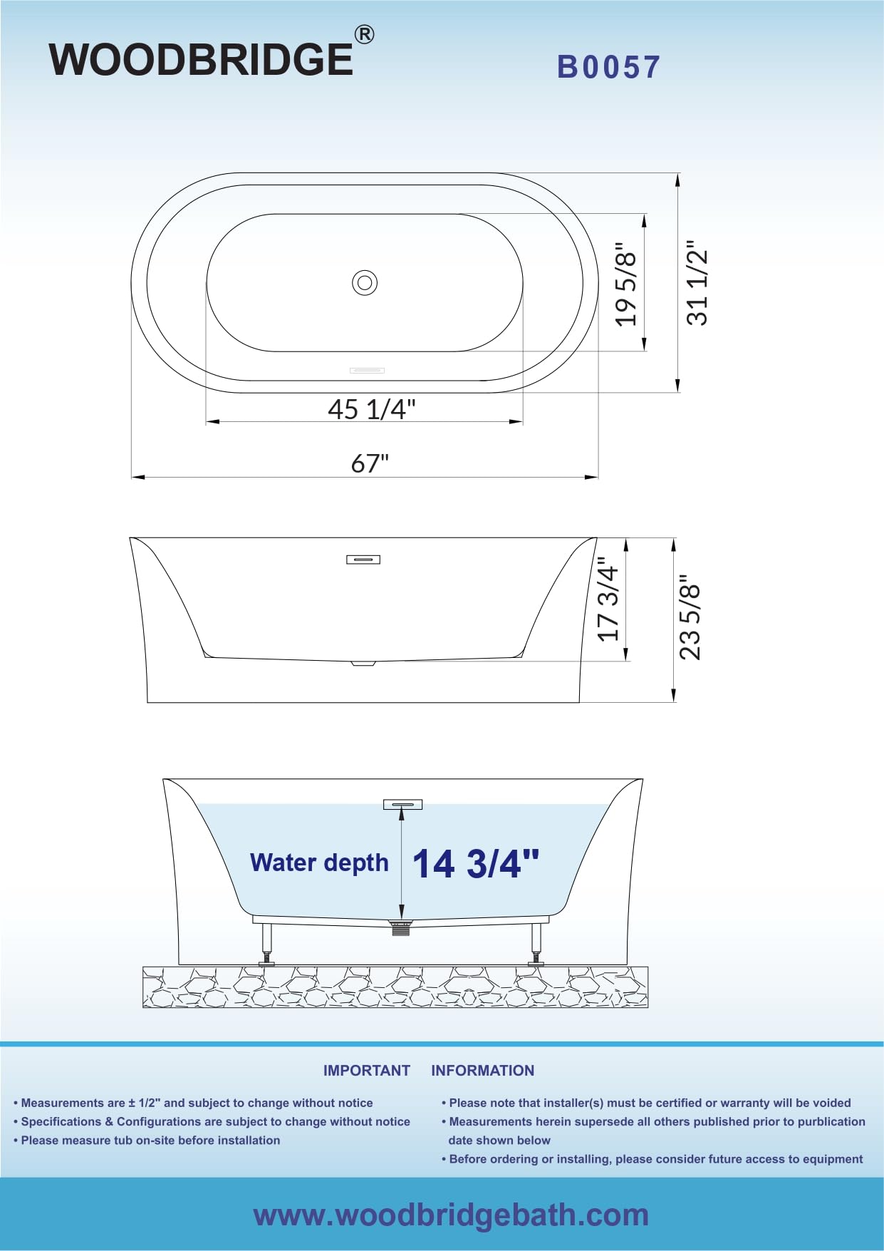 WOODBRIDGE 67" Acrylic Freestanding Bathtub Contemporary Soaking Tub with Matte Black Overflow and Drain,White Tub