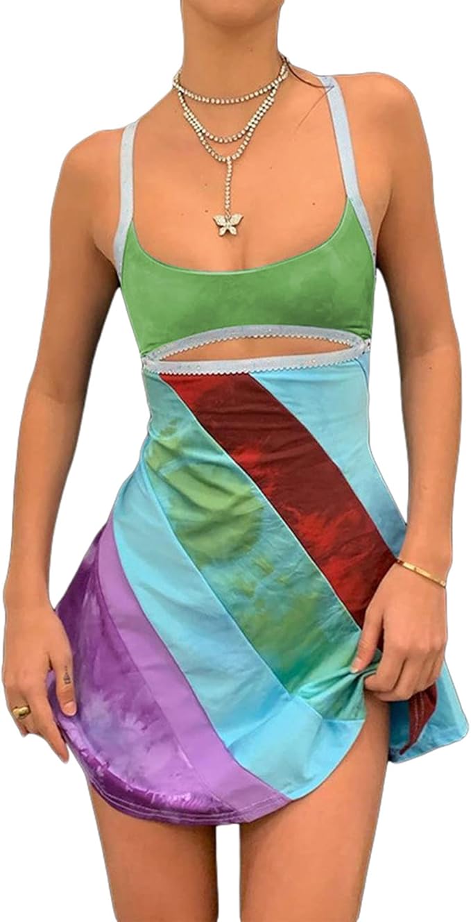 Y2K Dress for Women Summer Sleeveless Rainbow Bodycon Retro Going Out Dress 2000s 70s Halloween Costume