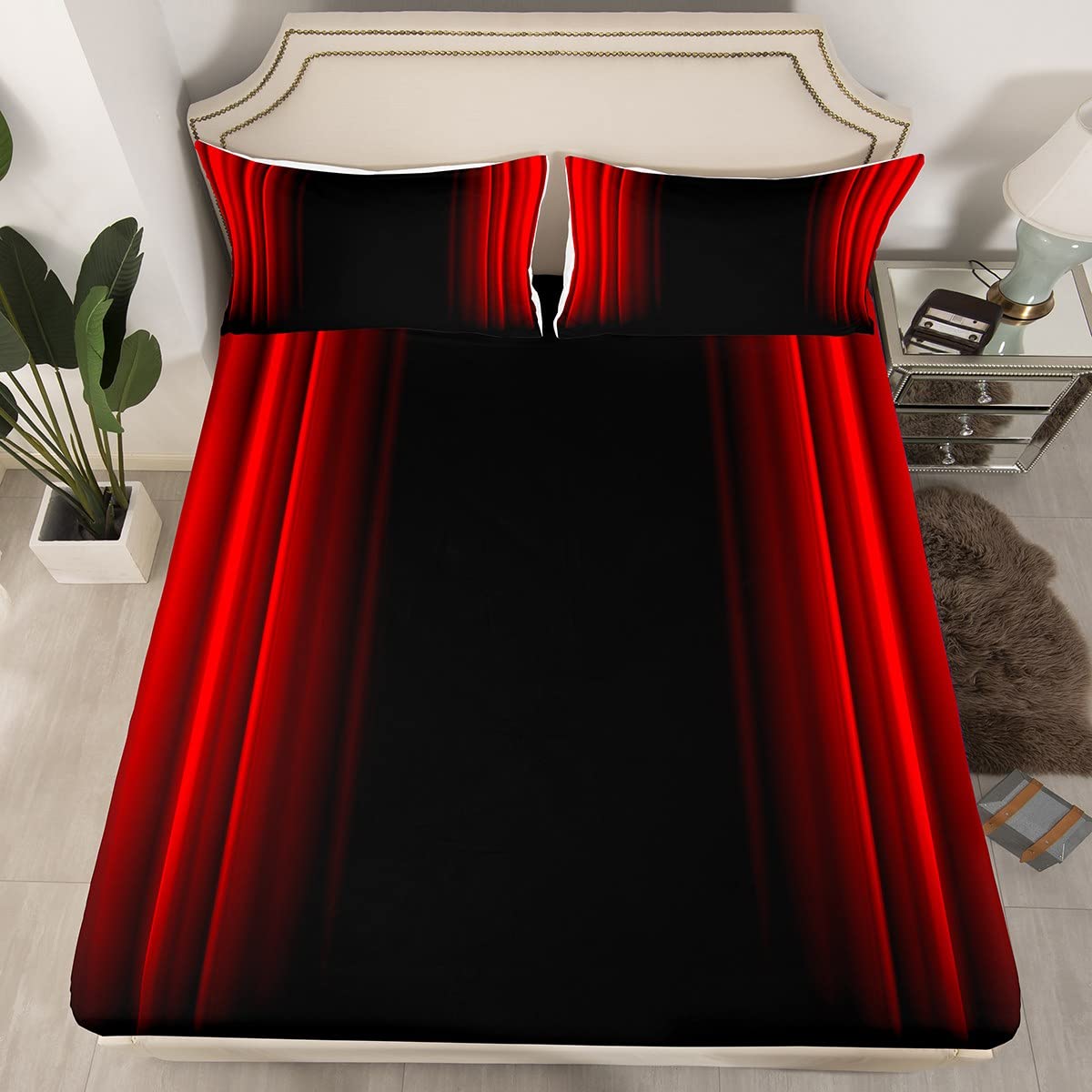 Abstract Ombre Decor Bed Sheets Kids Teens Red and Black Sheet Set Fashion Sheets Girls Boys Room Decor Queen Size,1 Flat Sheet +1 Fitted Sheet+2 Pillowcases,4Pcs Bedding