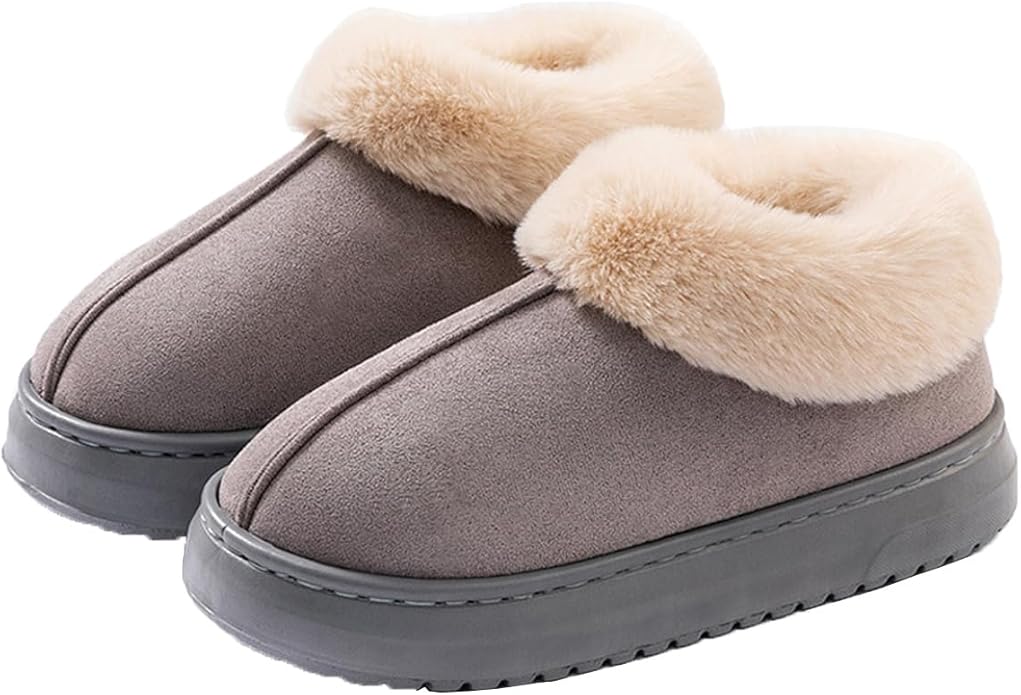 Fuzzy Collar Warm Shoes for Women and Men, Non-slip Fluff Memory Foam Closed-back Winter Slippers, Faux Wool Outdoor Indoo...