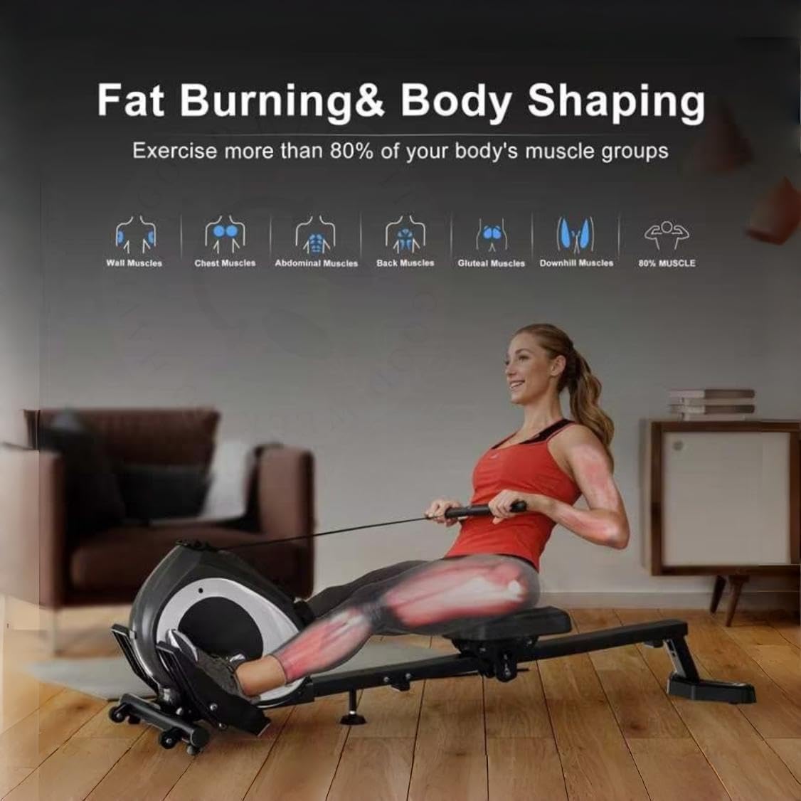 Magnetic Rowing Machine for Home Use Foldable Rower with 8-Level Adjustable Resistance, Quiet Design, LCD Monitor Tablet Holder, Full Body Workout, Supports 265 lbs