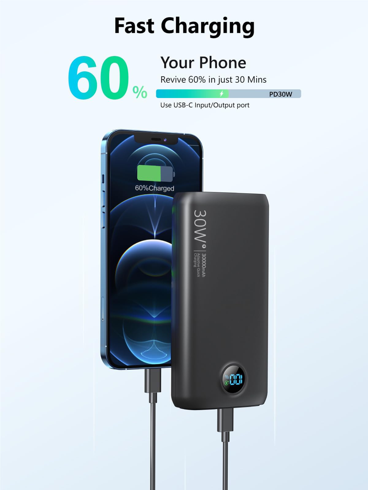 DIAMUAR Portable Charger 30,000mAh-Output Input USB C Fast Charging LED Display SCP22.5W PD3.0 QC4.0 Power Bank, Flashlight External Battery Pack for iPhone, Samsung Galaxy, LG, and More Black
