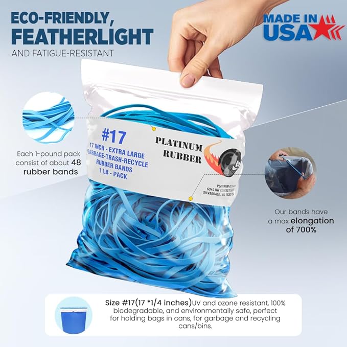 Garbage Trash Can Rubber Bands Blue Large Size 17" Inch Rubberbands Kitchen Compactor Tote Bin 55-65 Gallon 95 96-100 Gal Toter Oversize Big bag liner holder, 55 Drums Litter Pails Buckets (10-PACK)