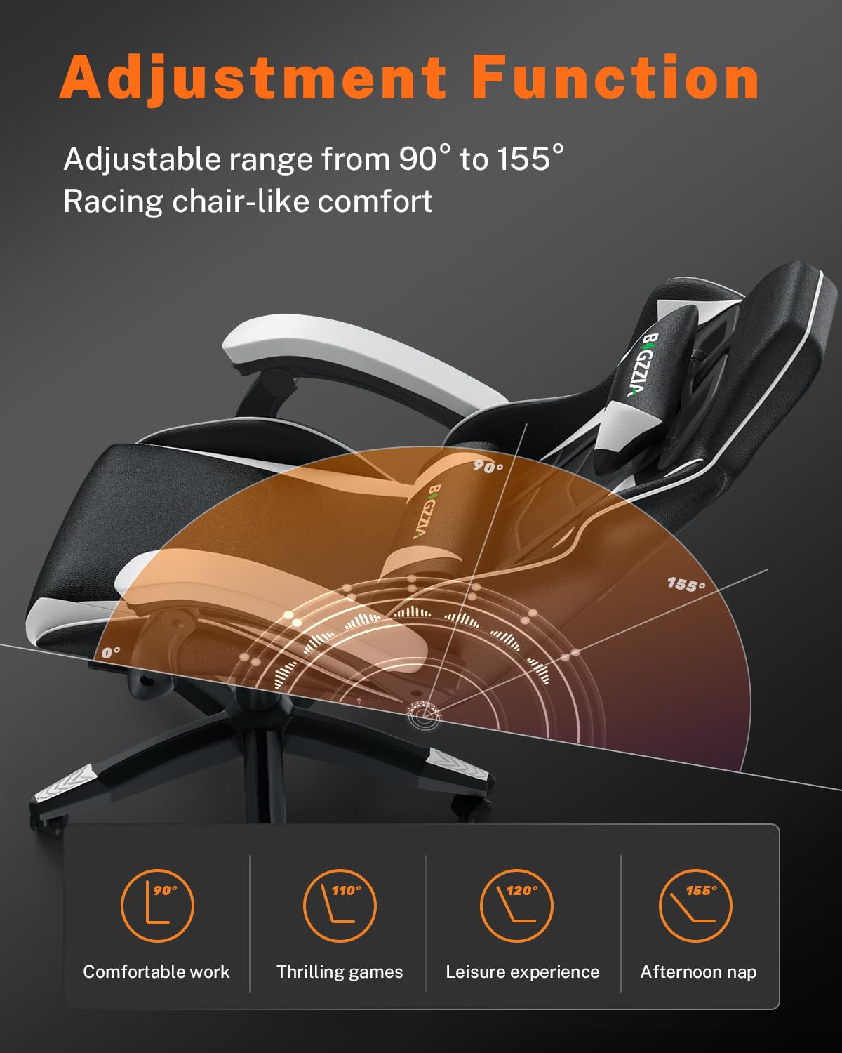 Bigzzia Gaming Chair with Footrest, Ergonomic Computer Game Chairs, Headrest and Lumbar Support, Adjustable Height, Reclining, Racing Style, and 360°Swivel Seat, Black/White