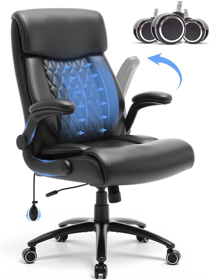 500LBS Big and Tall Office Chair, Heavy Duty Office Desk Chair with Padded Flip-Up Arms, Adjustable Lumbar Support & Tilt ...