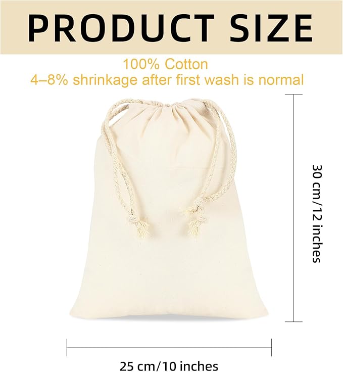 OKBA 12 Pack Cotton Muslin Drawstring Bags – Reusable Cloth Bags for Storage, Produce & Bread Storage, Gift Packaging, DIY Crafts, Eco-Friendly & Lightweight (10x12 inch)