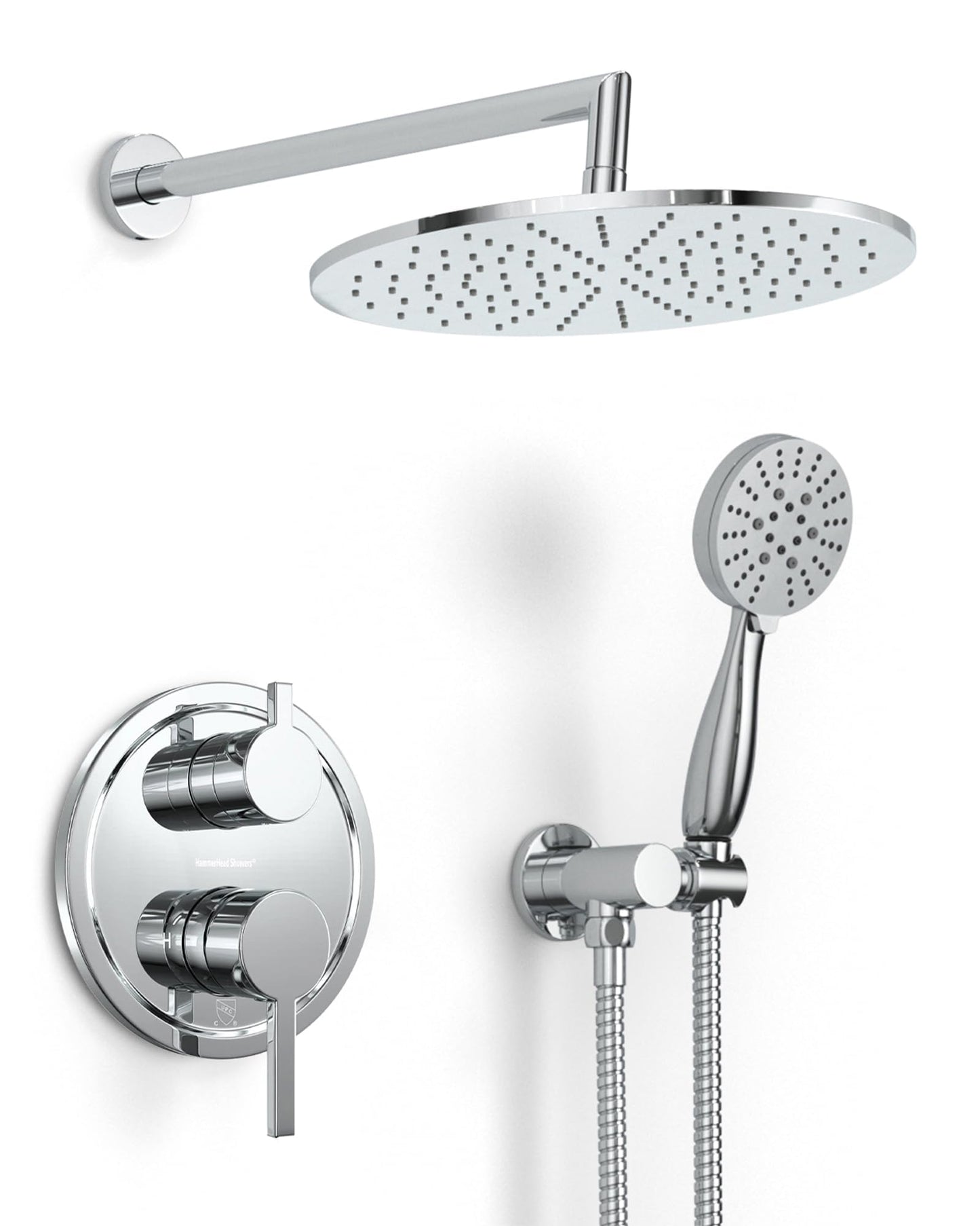 HammerHead Solid Metal Rain Shower System Set with Handheld and 10" Rainfall Head, Shower Valve and Trim Kit, 2-Handle Shower Faucet Set with 2 Way Diverter Body – Chrome