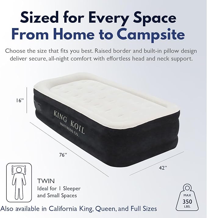 King Koil Plush Pillow Top Luxury Twin Air Mattress with Built-in High-Speed Pump for Camping, Home & Guests - 16" Airbed Inflatable Blow Up Mattress, Waterproof, 1-Year Manufacturer Warranty.