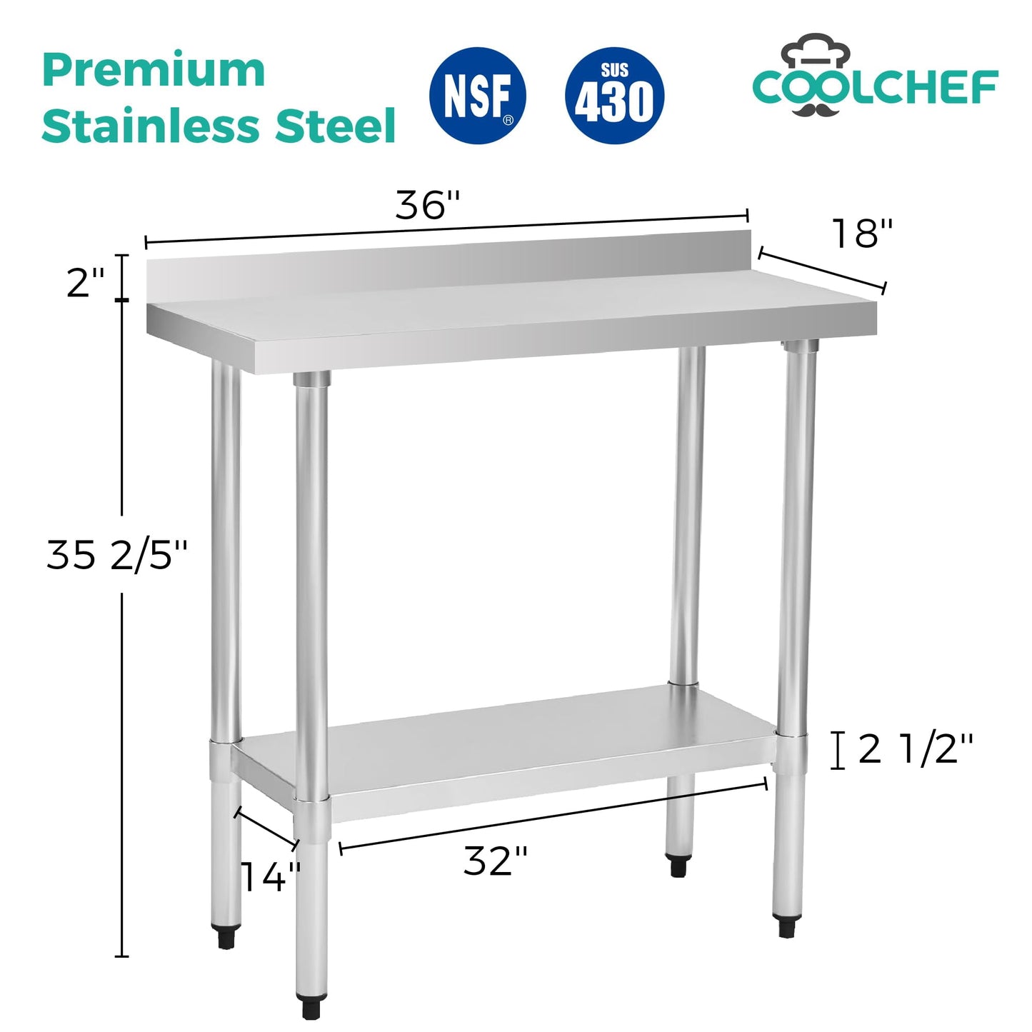 okeyolive Stainless Steel Work Table 18 x 36 Inch, NSF Commercial Prep Table with Undershelf, Heavy Duty Food Prep Workstation with Backsplash