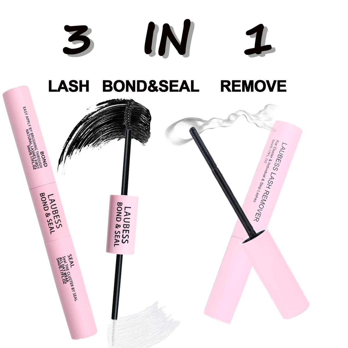 Lash Glue for Eyelash Clusters 3-in-1 Lash Remover for Lash Extensions Eyelash Glue Remover Lash Bond and Seal Waterproof DIY Ey