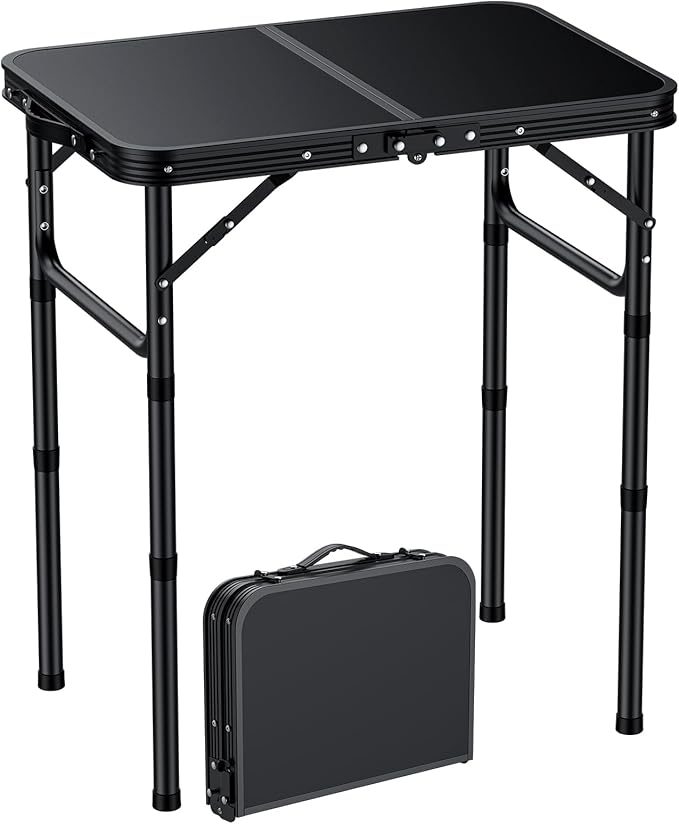 EYPINS Folding Camping Table Portable - Pure Black Aluminum 22.8x15.7'',3 Height Adjustable Small Outdoor Folding Table,Wa...