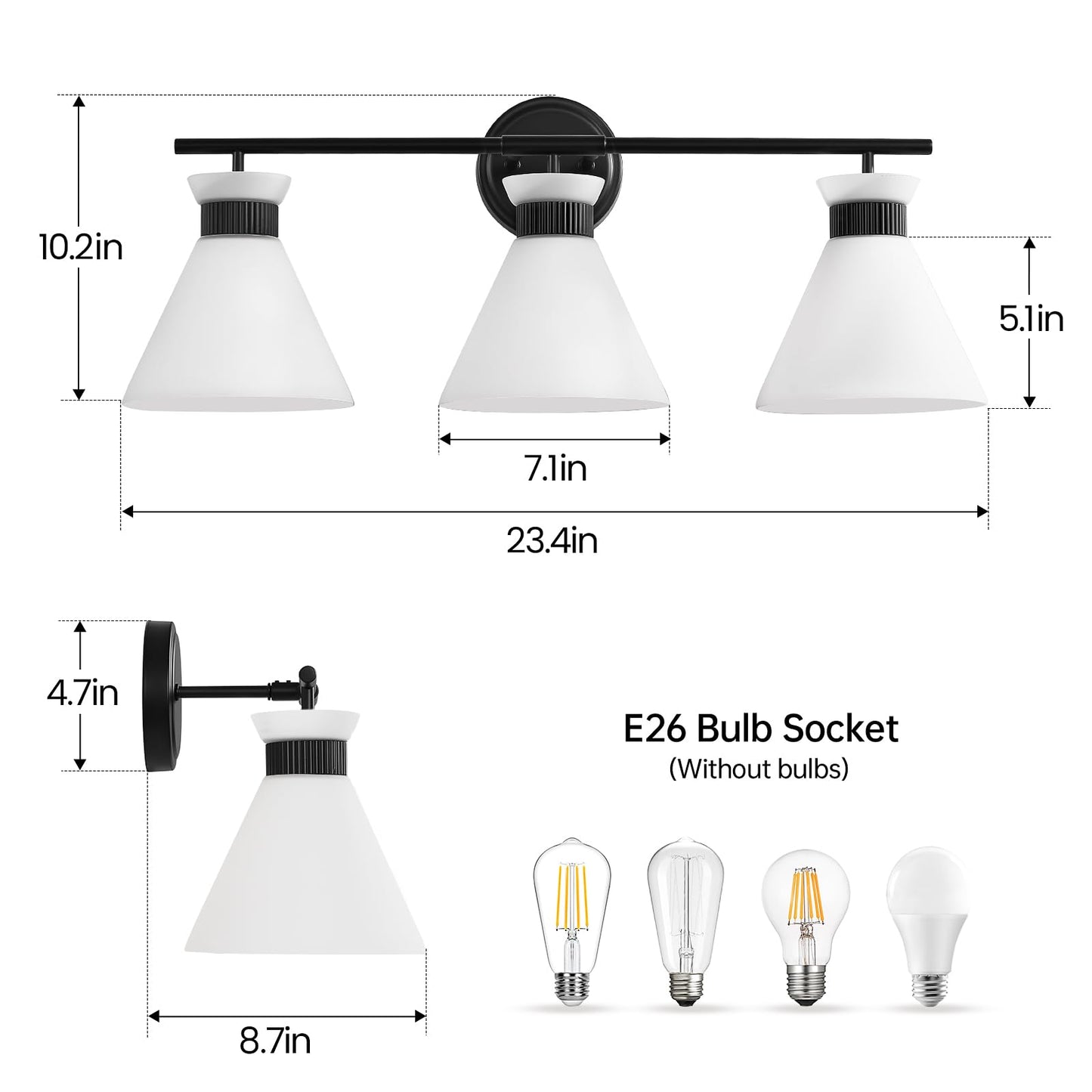 Black Bathroom Vanity Light Fixtures: Vanity Lighting Fixtures over Mirror 23.4 inch with Milky White Frosted Glass, 3-Lights Farmhouse Vintage Vanity Lighting Bathroom Wall Light(Exclude Bulb)