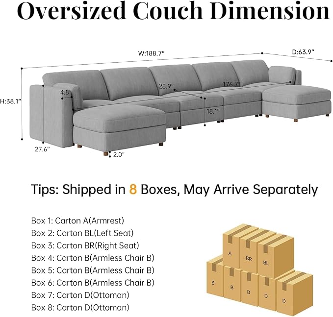CUGOAO 188.7'' Modular Sectional Sofa, Oversized U-Shaped Sectional Couch with Ottoman, Deep Seat Chenille Cloud Couch, Mordern Upholstered Couches for Living Room, Apartment, Office, Grey