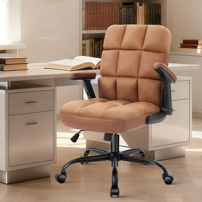 SEATZONE Executive Office Chair Small PU Leather Desk Chair with Wheels,Ergonomic Computer Swivel Rolling Task Chair with Back Support,Brown
