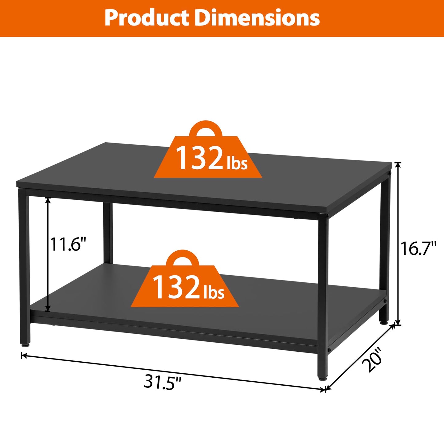 SUPER DEAL 2-Tier Industrial Coffee Table with Storage Shelf for Small Apartment Living Room, Rectangle Wood and Stable Metal TV Stand Side End Table, Black