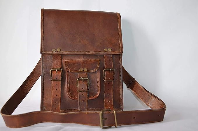 Leather crossbody bag messenger satchel tablet bag 11 inches for men and women (Brown)