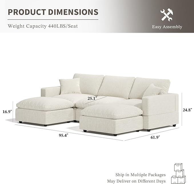 Cloud Couch Modular Sectional Sofa, 95.4" 5-Seater U Shaped Sectional Couches for Living Room, Convertible Cloud Sofa with Ottoman, Down Filled Wide & Deep Seat, Removable Washable Cushion Covers