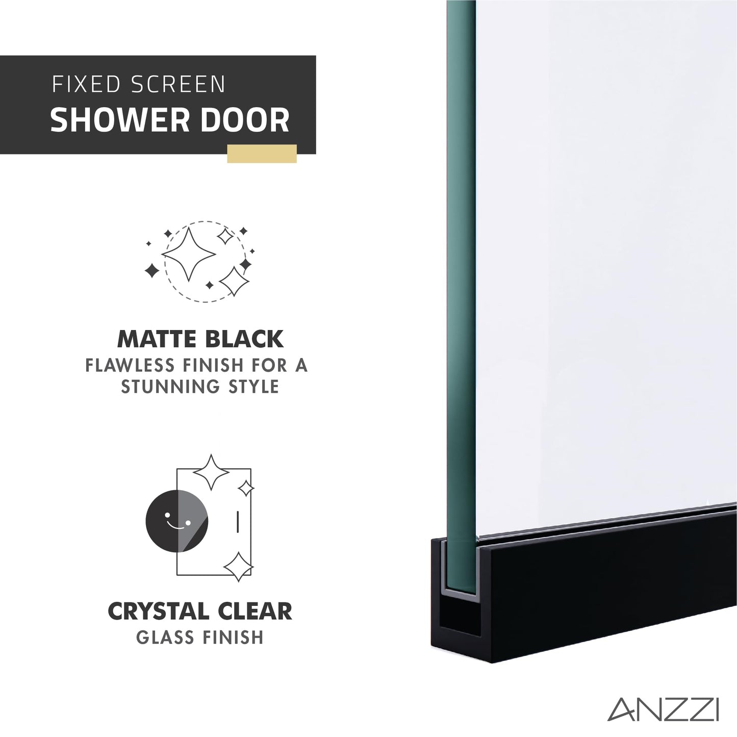 ANZZI Frameless Fixed Shower Door 34 in. x 74 in. Matte Black Clear Tempered Glass Panel with Tsunami Guard Coating, Reversible Screen Design, Hardware Included, ANSI Certified | SD-AZFL06001MB