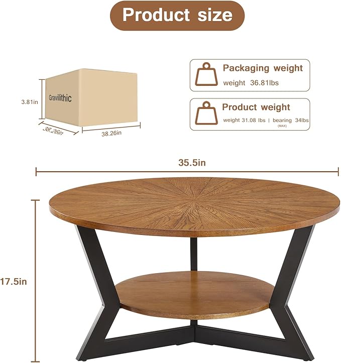Round Coffee Tables for Living Room, 2-Tier Modern Circle Center Table with Storage, Wood Sofa Table with Metal Frame，35'x 17' Inches，Easy Assembly，Walnut