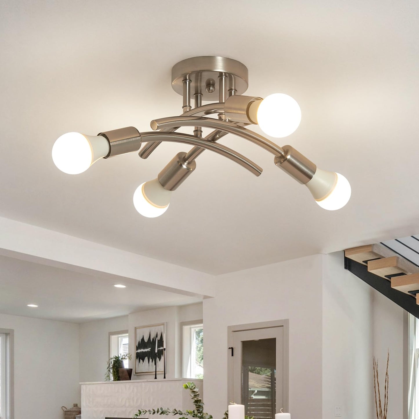 BUXVRCS Semi Flush Mount Ceiling Light Fixture, Modern Sputnik Chandelier Light Fixtures, Industrial Kitchen Light Fixtures Ceiling Mount, 4-Light Dining Room Light Fixture Bedroom (Brushed Nickel)