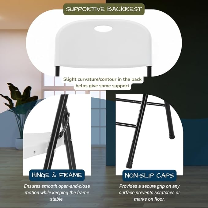 EZONE (4pcs Heavy Duty Plastic Foldable Chair for Adults, Portable Outdoor Seating for Wedding, Event, Party, Backyard, Patio, or Dining Use, Comfortable Stackable Design (White, 4 Pack)