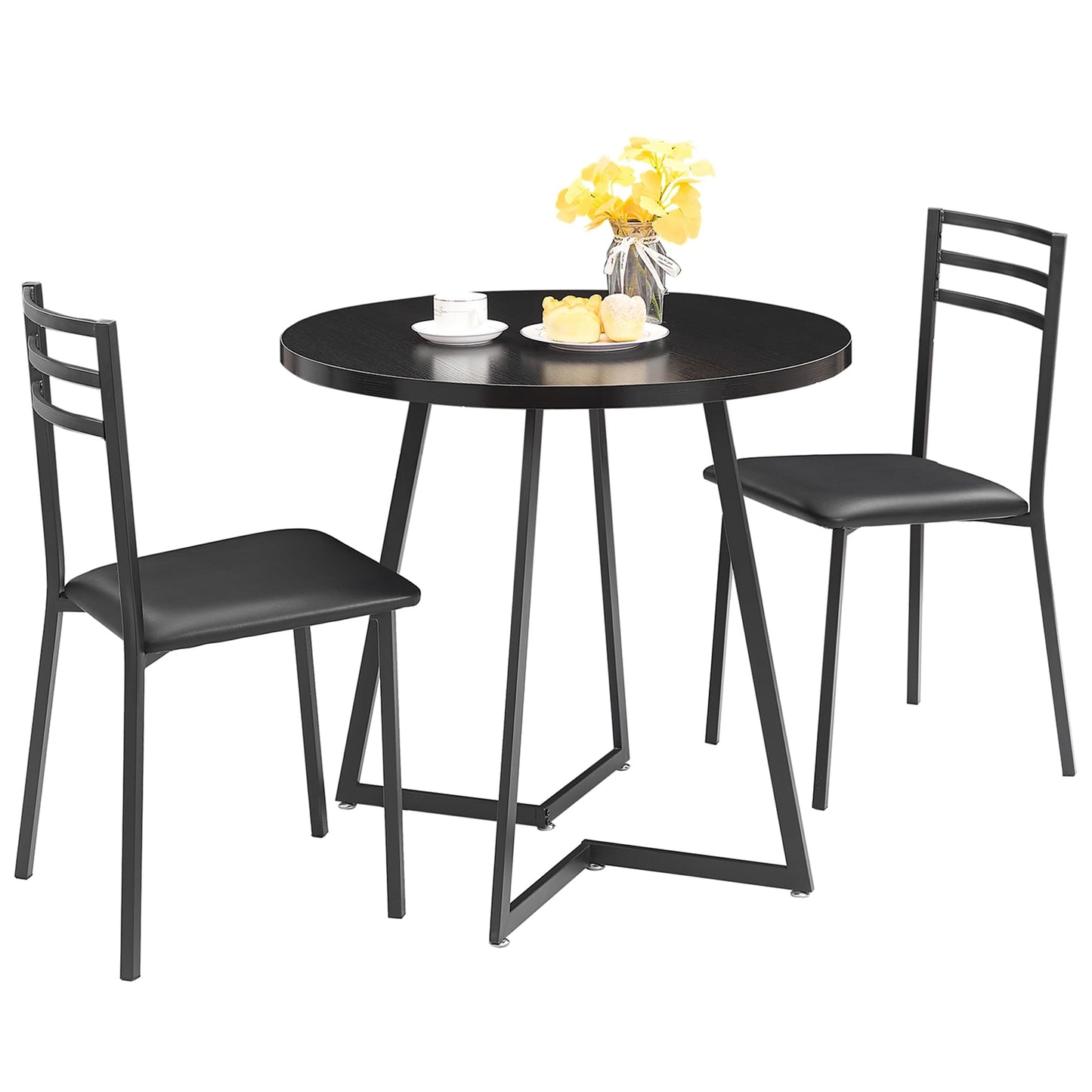 VECELO Small Round Dining Table Set for 2, Heavy-Duty Metal Frame & Upholstered Chair for Breakfast Nook, Kitchen, and Small Space, Black