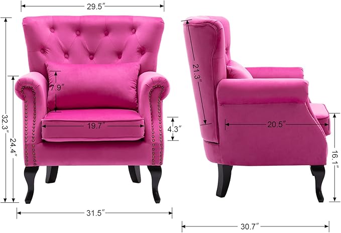 DM Furniture Set of 2 Mid-Century Modern Accent Chair, Velvet Armchair w/Tufted Back/Wood Legs, Upholstered Lounge Arm Chair Single Sofa for Living Room Bedroom, Rose Pink
