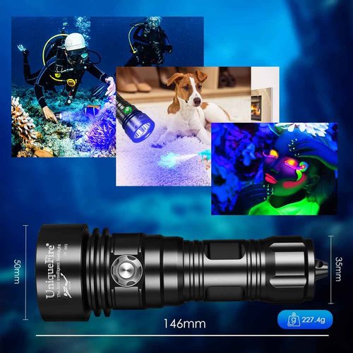 UniqueFire D03 Scuba Dive 365nm UV Black Light 3LEDs High Power Super Bright Underwater Diving UV Flashlight Rechargeable with 3 Modes Night Dive Torch 100 Meters Submersible Light