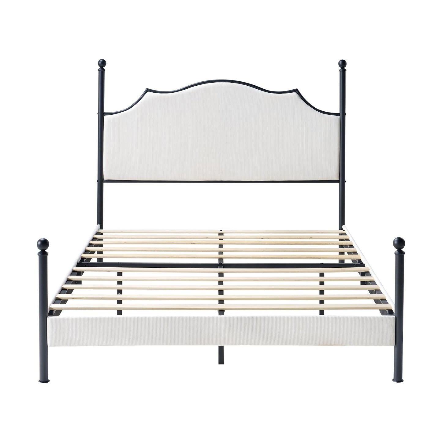 LUXOAK Queen Bed Frame with LED Light & Arch Headboard, Modern Corduroy Upholstered Platform Bed with Metal Poster, No Box Spring Needed/Easy Assembly/Noise Free, White