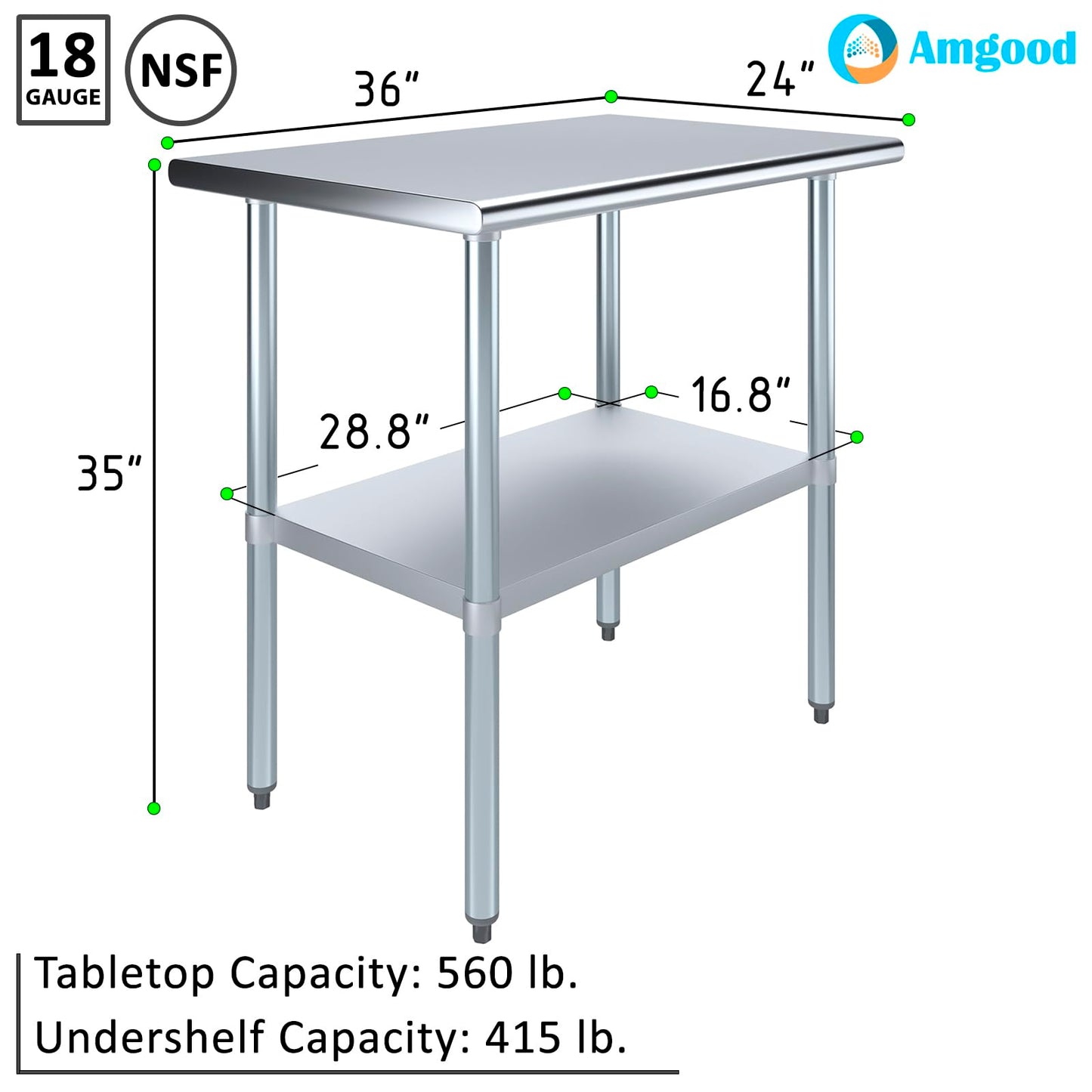 AmGood 24 in. x 36 in. Stainless Steel Work Table | Metal Kitchen Food Prep Table | NSF