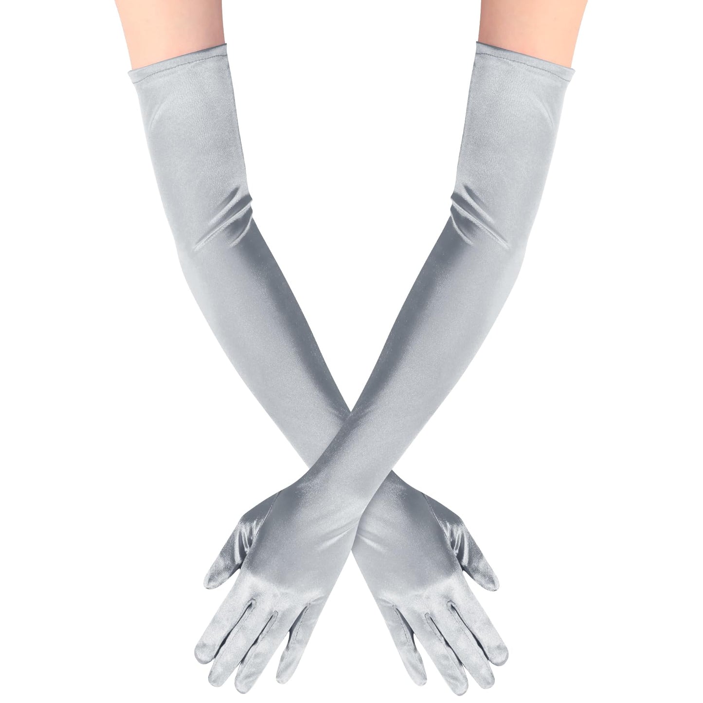 Long Opera Party Gloves for Women 1920s 20s Satin Gloves Costumes Elbow Length Bridal Evening Dress, 21.6 inches (Silver)