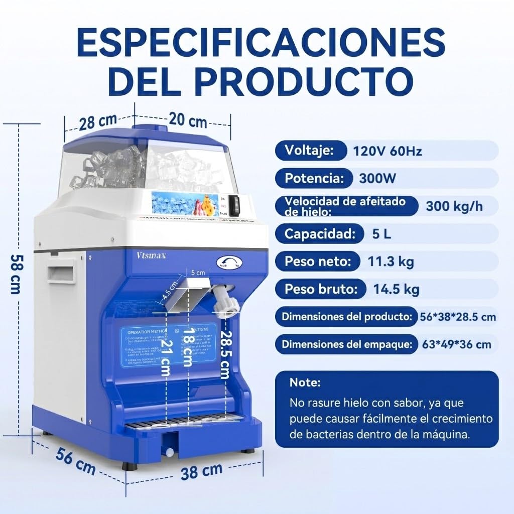 Vtsmax Electric Ice Shaver Machine, 300W Shaved Ice Machine, Thickness Adjustable Snow Cone Maker Machine 661LBs/hr Ice Crusher for Bar Parties Events Snack, Home and Commerical Use Blue(5.8Qt)