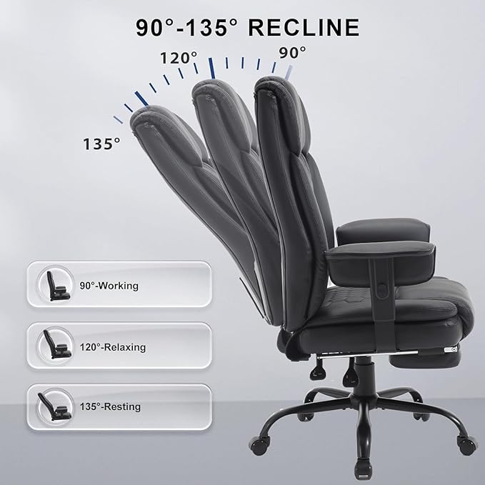Reclining Office Chair with Footrest, 400Lb Big and Tall Office Chair with Lumbar Support, Pu Leather Recliner Office Desk Chairs with Wheels High Back Ergonomic Computer Desk Chair for Adult,Black