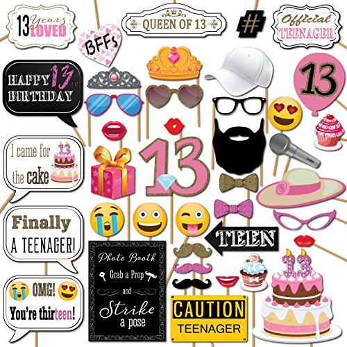 13th Birthday Photo Booth Props - 41-pc Photo Prop Kit with 8 x 10-Inch Sign, 60 Adhesive Pads, 45 Sticks - Teen Girl Phot...