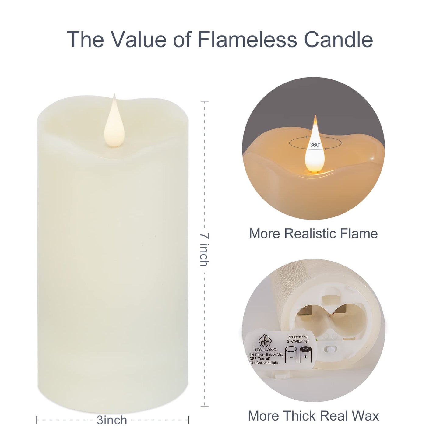 TECHLONG Flameless Candles with Remote Timer, 3D Moving Flickering Flame Battery Operated Candles Lasting 1000+ Hours, 3" x 7" Ivory Real Wax Electric LED Pillar Candles, Set of 2