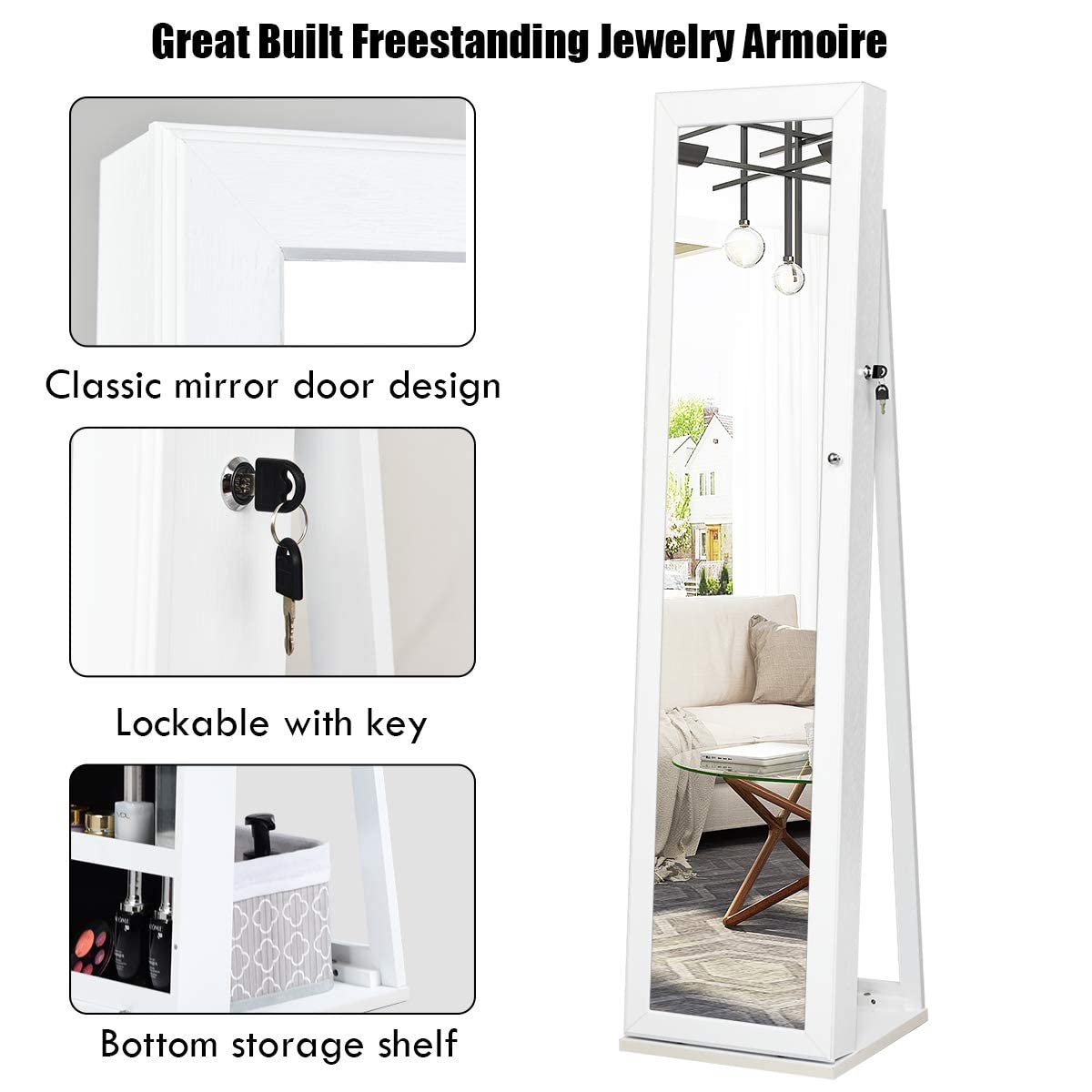 OFFICEJOY Standing Jewelry Armoire w/Full Length Mirror & Inside Mirror, Lockable Jewelry Cabinet Organizer w/Stable Base, Mirrored Jewelry Cabinet Organizer for Necklace, Ring, Earring Cosmetic