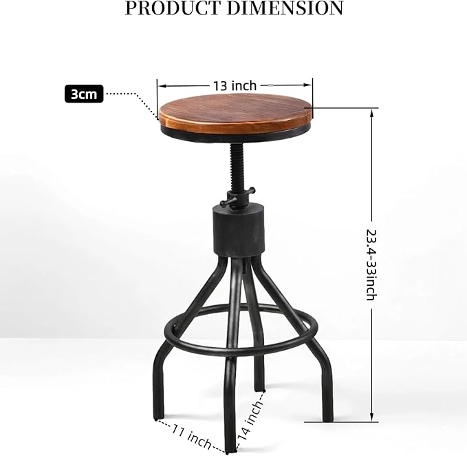 BOKKOLIK Set of 2 Industrial Bar Stool-Vintage Counter Dining Chair-Swivel Stools-Tall Height Adjustable 22-33"