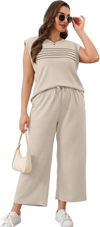 WIHOLL 2 Piece Sets for Women Summer Lounge Sets Travel Vacation Outfits Cap Sleeve Sweatsuit Side Slit Wide Leg Pants S-3XL