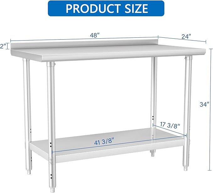 HARDURA All Stainless Steel Table 24X48 Inches Metal Commercial Kitchen Prep Table with Adjustable Undershelf and Backsplash NSF for Prep