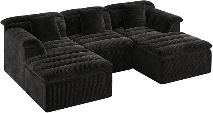 SUNG7 111.8" Modular Sofa with Ottoman, Boneless Cloud Couch with Deep Seat, Comfy U-Shape Corduroy Couches for Living Room, No Assembly Required, Black