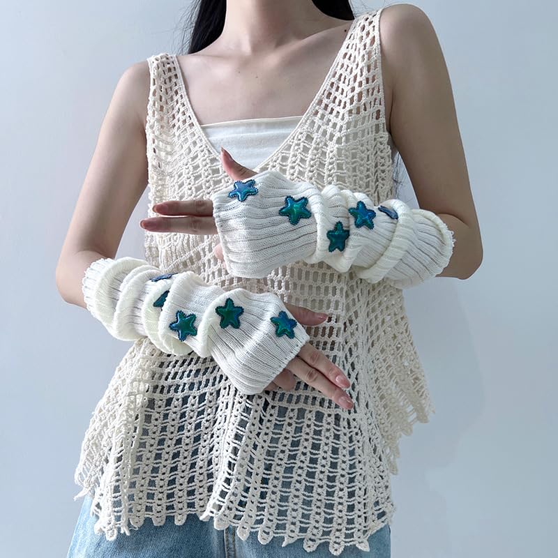 POHADON Women's Y2k Knit Arm Warmers Long Fingerless Mitten Thumb Hole Cute Star Gloves Japanese Harajuku Accessories (One Size,White)