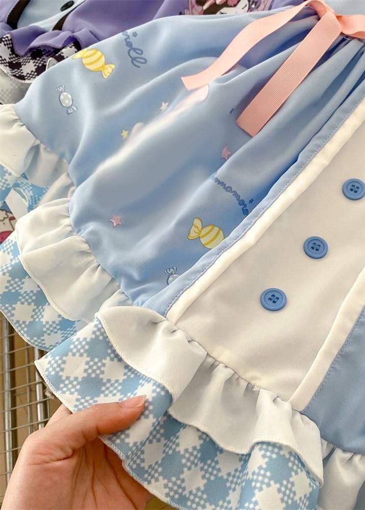 GSHLGAO Girls Cute Anime Cartoon Print Cosplay Sky Blue Sweet Dress Ruffles Sleeve Casual Dress Headband