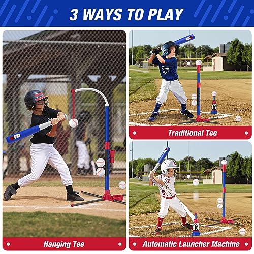 HYES 3-in-1 Baseball Set for Kids 3-5 - Tee Ball Stand, Hanging Tee, Ball Launcher and 6 Softballs - Adjustable Height, In...