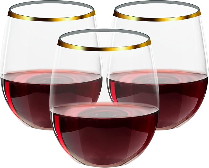 FOCUSLINE 32 Pack 12 OZ Plastic Wine Glasses, Stemless Disposable Wine Cups, Gold Rim Unbreakable Wine Glasses, Reusable S...
