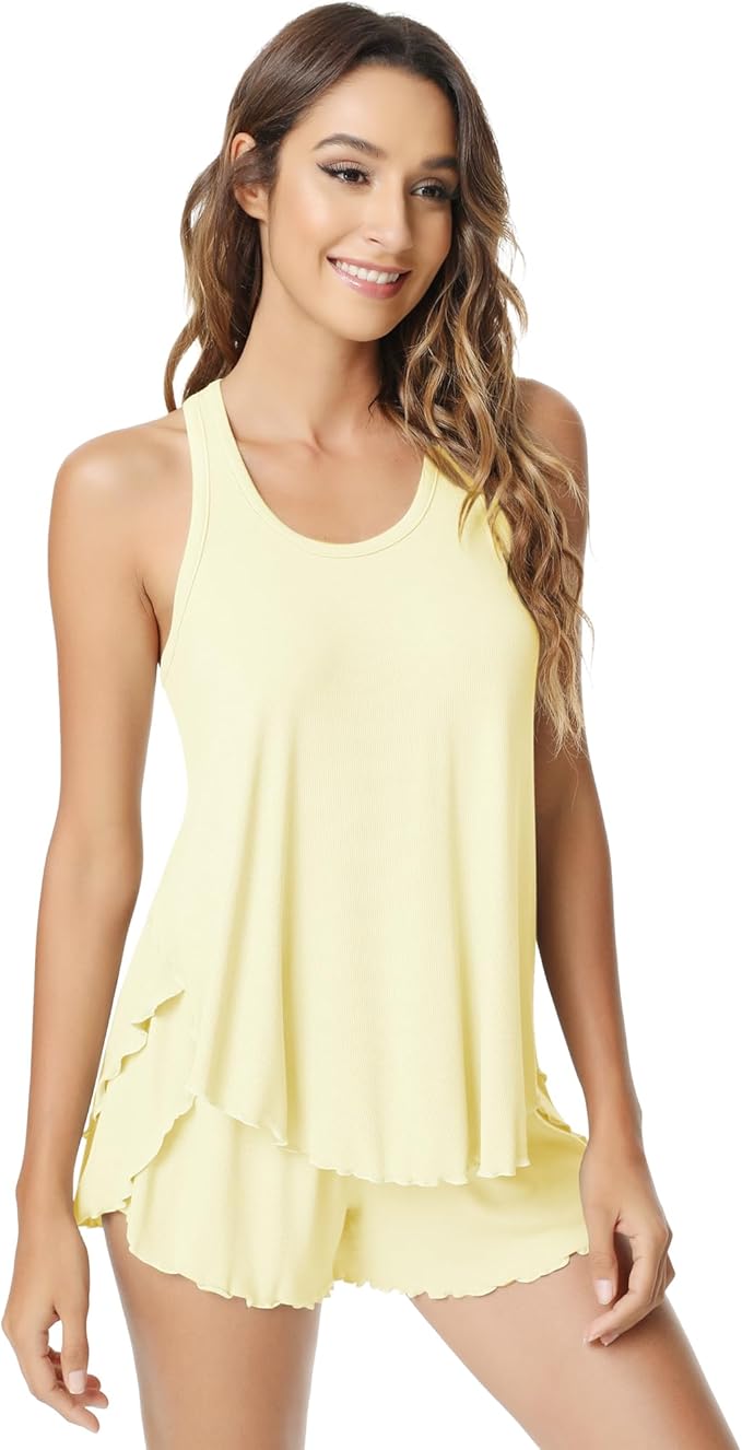 NACHILA Pajamas for Women-Viscose from Bamboo, Ribbed Racerback Tank Top Sexy Split Shorts Pajama Sets Cooling Sleep Cami Pjs