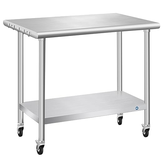 PIUMACU Stainless Steel Table with Wheels 24 x 36 Inch Commercial Stainless Steel Prep Table, Metal Table for Kitchen Restaurant Garage