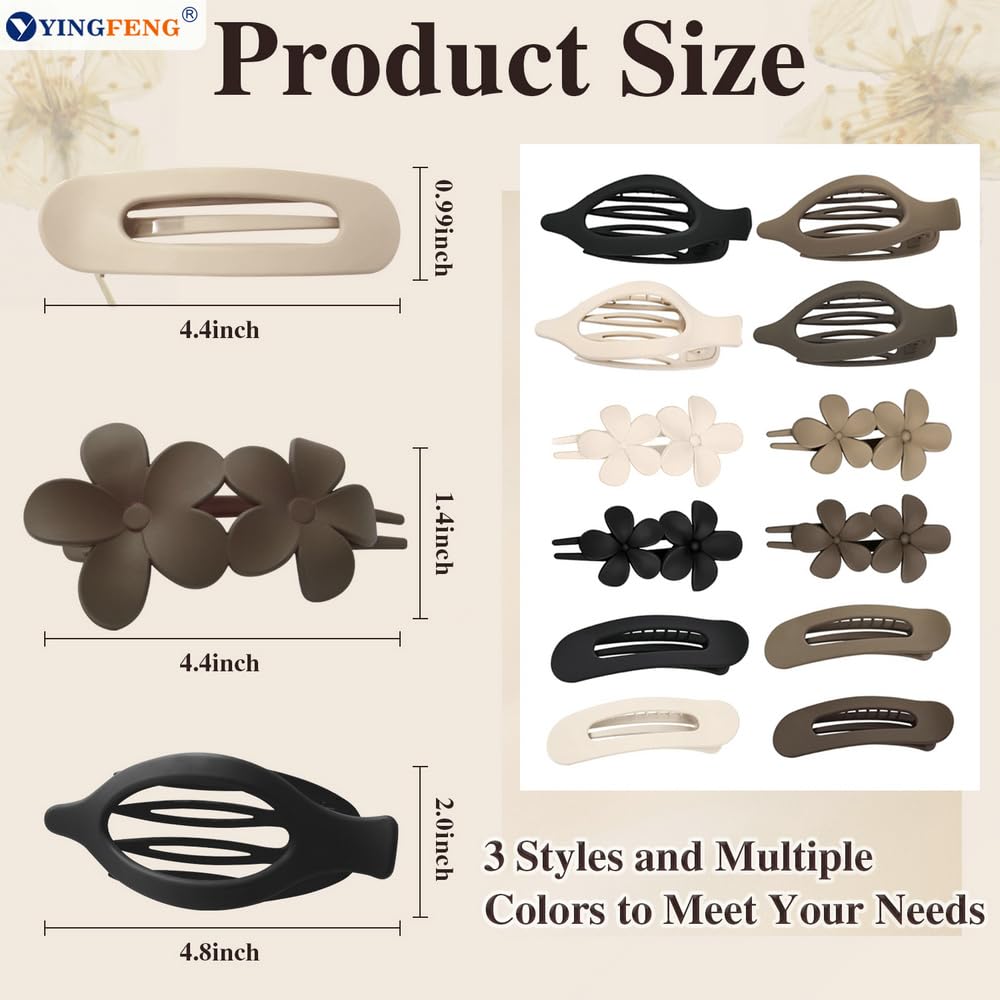 12 Pcs Neutral Colors Flat Hair Clips, YINGFENG Flat Claw Clip for Women, Matte Non-Slip Flower Claw Clips for Thin Thick Hair,
